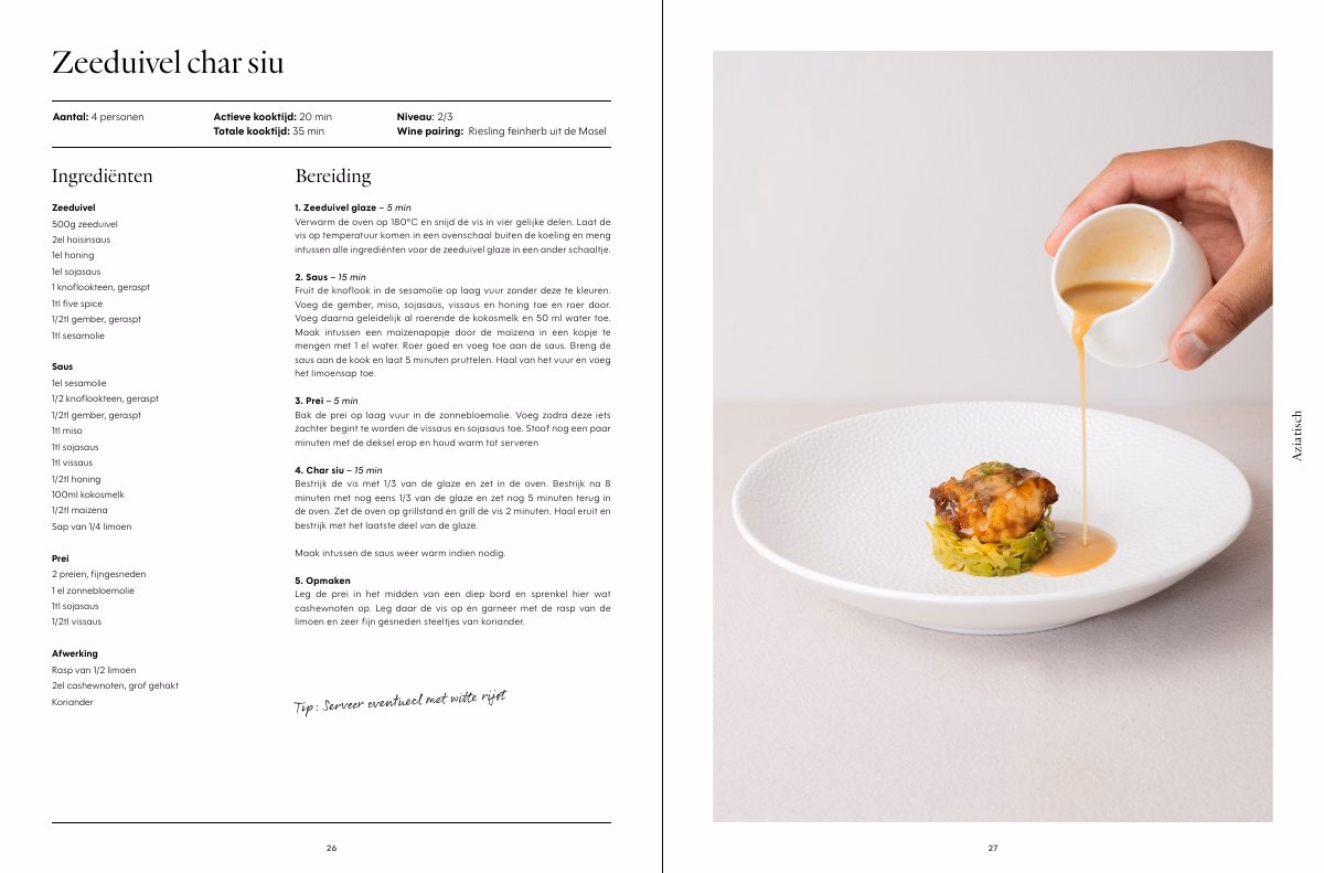 Opengeslagen boekpagina's uit het hoofdstuk Aziatisch: Zeeduivel char siu.