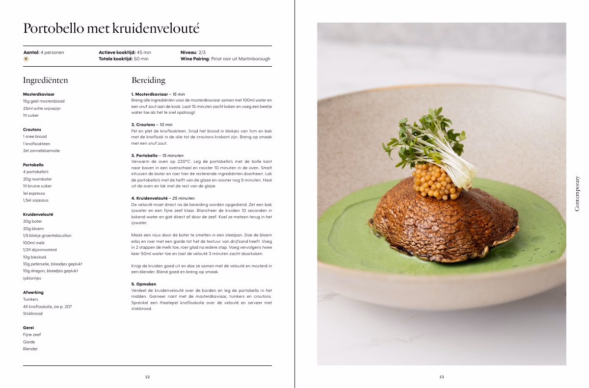 Opengeslagen boekpagina's uit het hoofdstuk Contemporary: Portobello met kruidenvelouté.